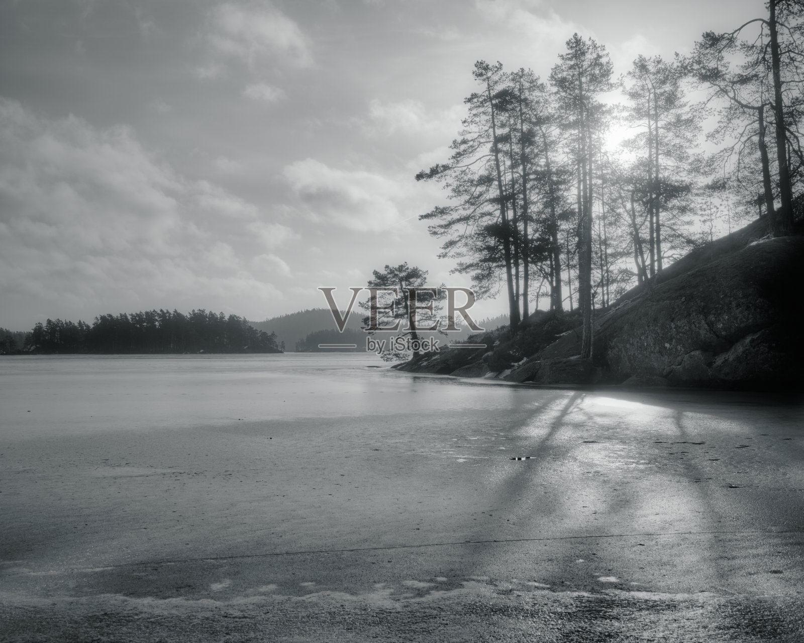 森林里雾蒙蒙的早晨，湖面结了冰照片摄影图片