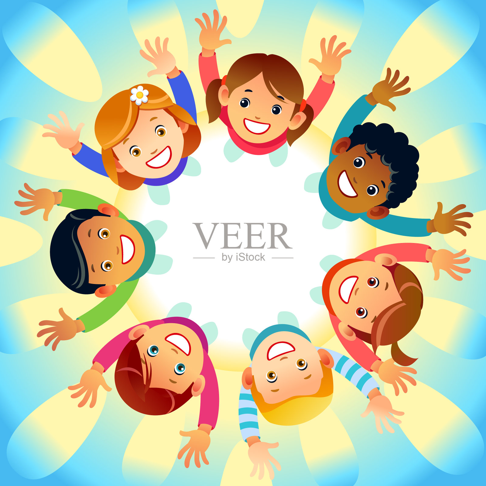 多文化的孩子围成一圈，脸上挂着快乐的表情插画图片素材