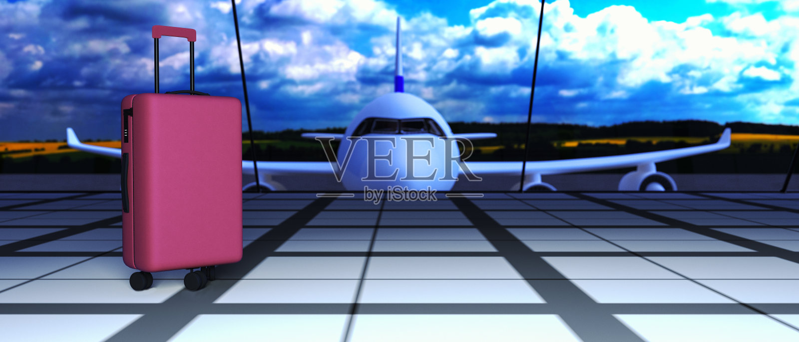 机场飞机前的行李箱(3d渲染)照片摄影图片