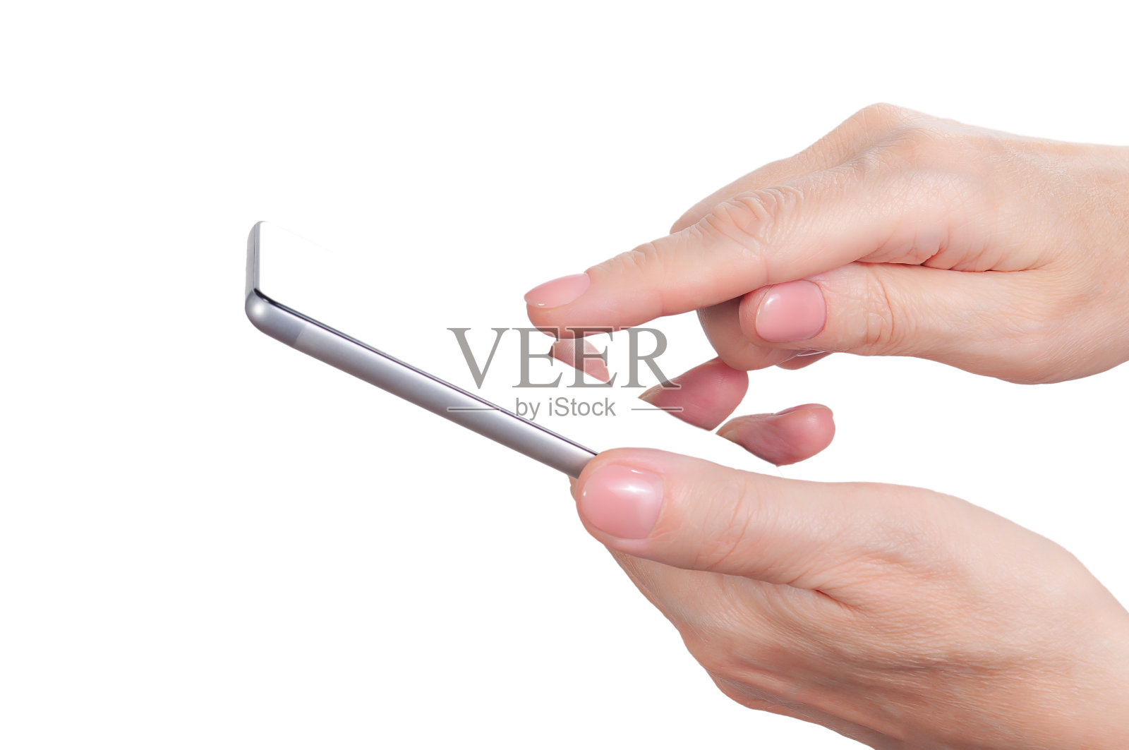 女性手中的智能手机被隔离在白色背景上。模拟使用的通讯设备和小工具照片摄影图片