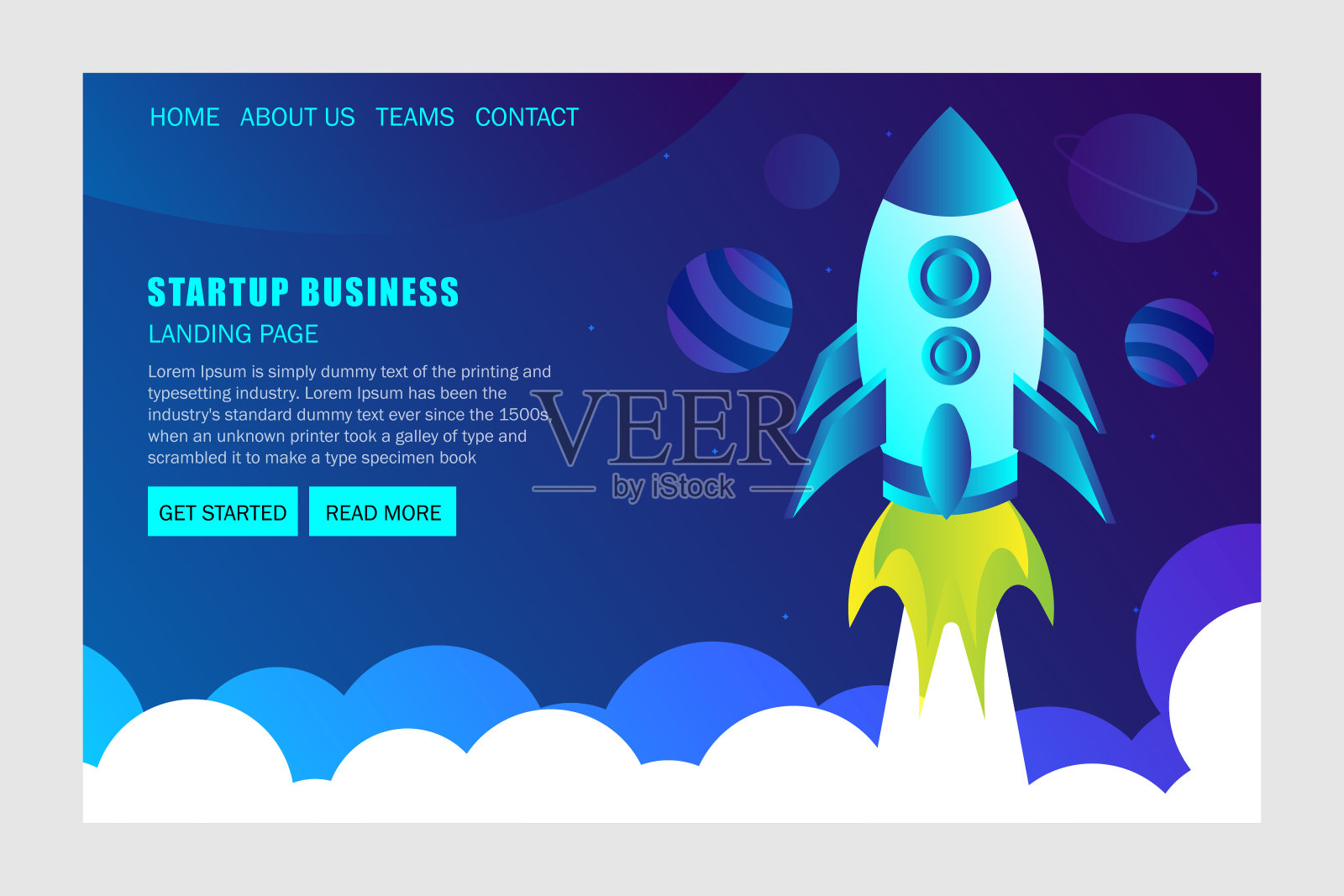 启动启动着陆页。火箭发射，轻松的商业启动和未来的太空旅行插画图片素材