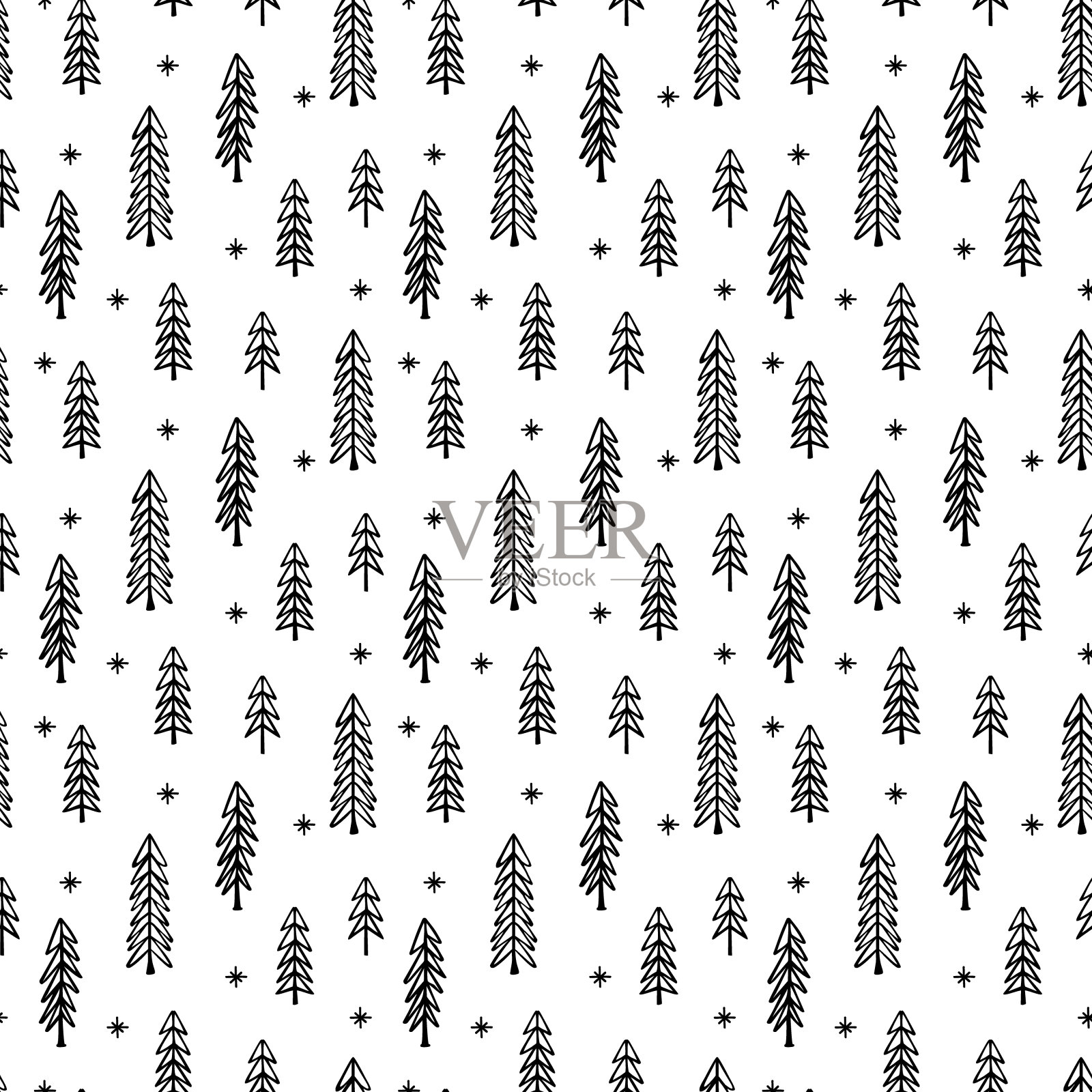 手绘松树森林冬季圣诞节无缝模式，矢量插图可重复纹理插画图片素材