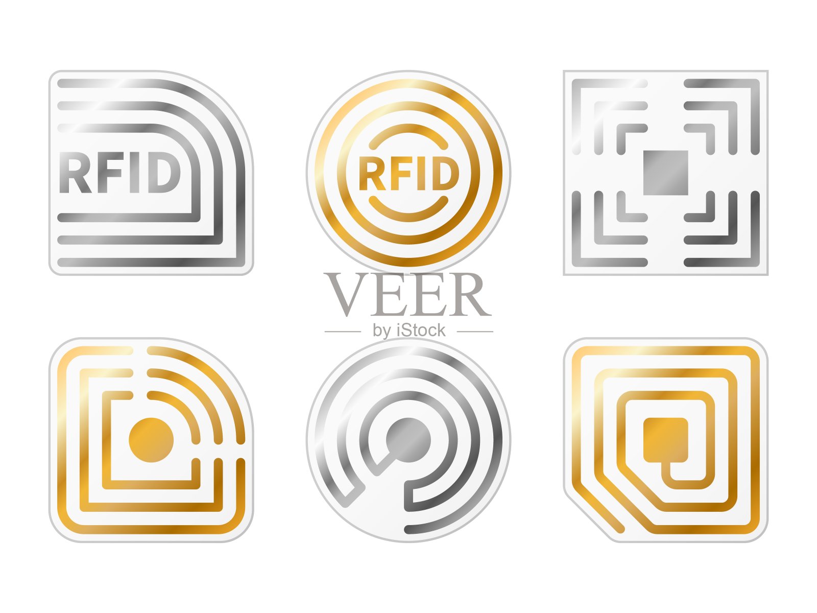 射频识别标签。金色，银色的无线电芯片图标。金属识别电磁标签模板。电子购物徽章。无线读取频率的迹象。向量标签设置图标素材