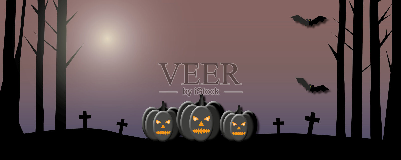 销售旗帜的快乐万圣节与怪物在黑暗的背景。插画图片素材