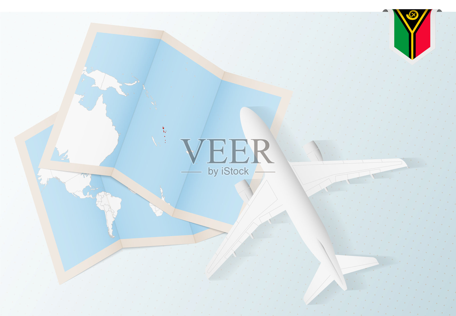 旅行到瓦努阿图的顶视图飞机与地图插画图片素材