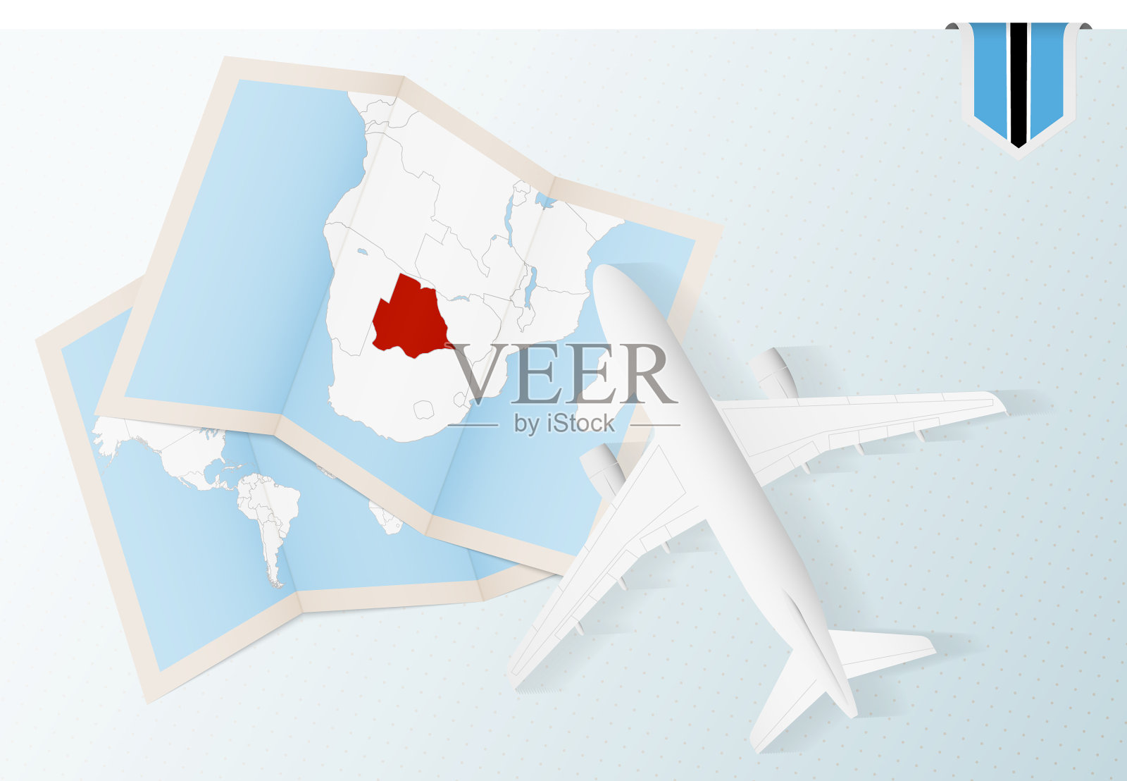 旅行到博茨瓦纳的顶视图飞机与地图和插画图片素材