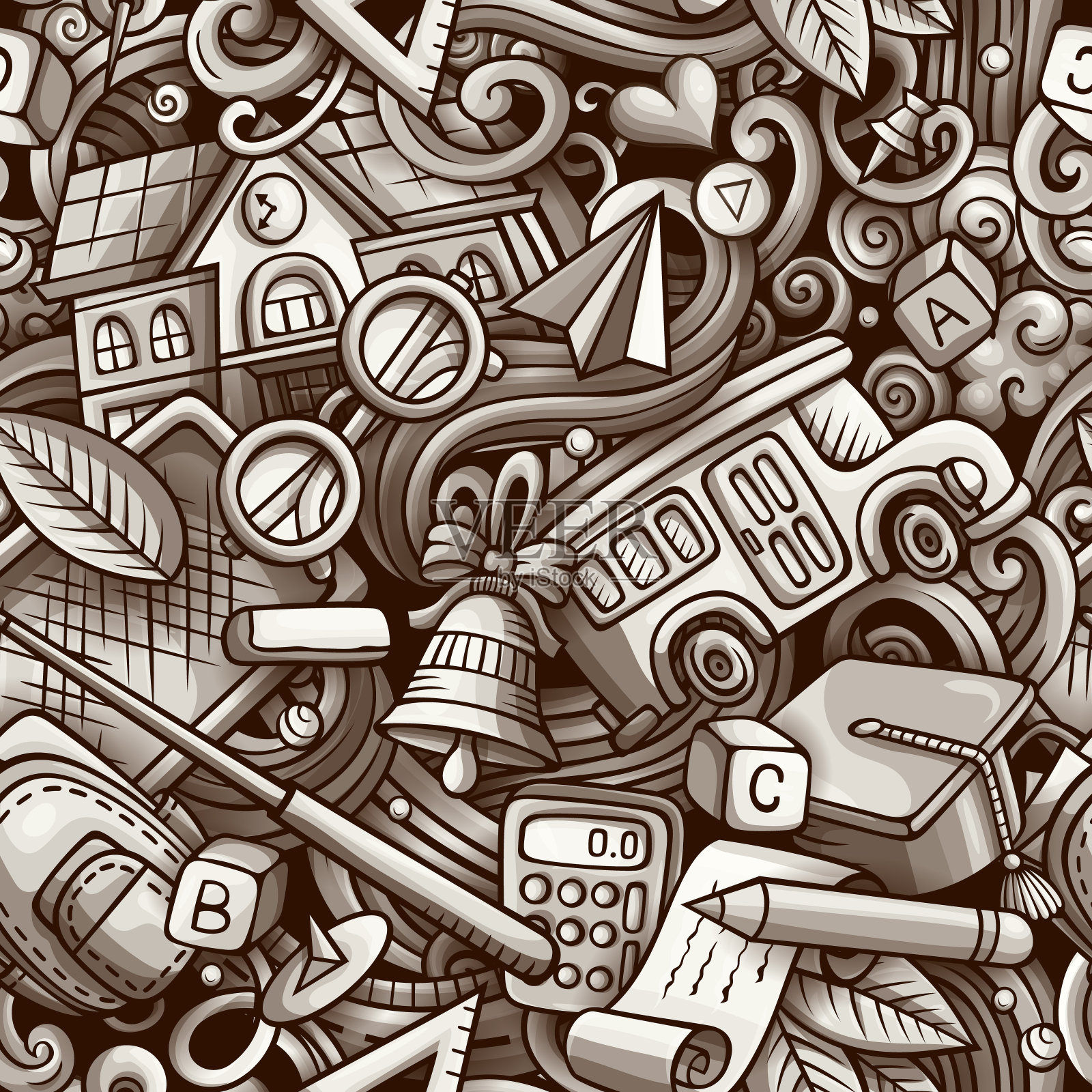 卡通可爱涂鸦手绘学校无缝图案插画图片素材