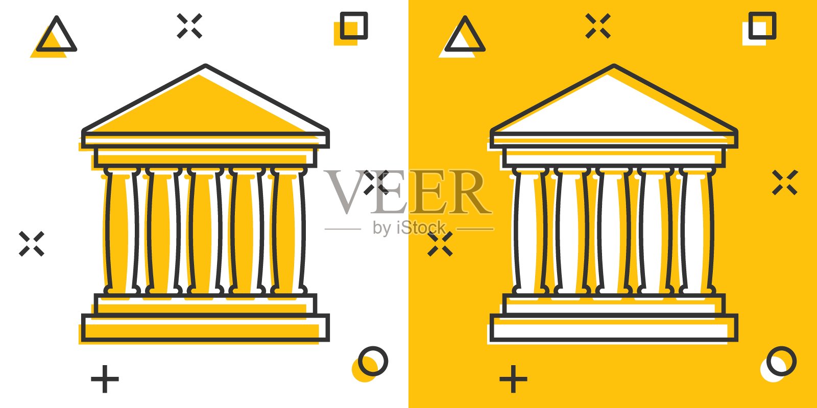 向量卡通银行建筑图标漫画风格。银行标志插图象形文字。建立企业的飞溅效应概念。插画图片素材