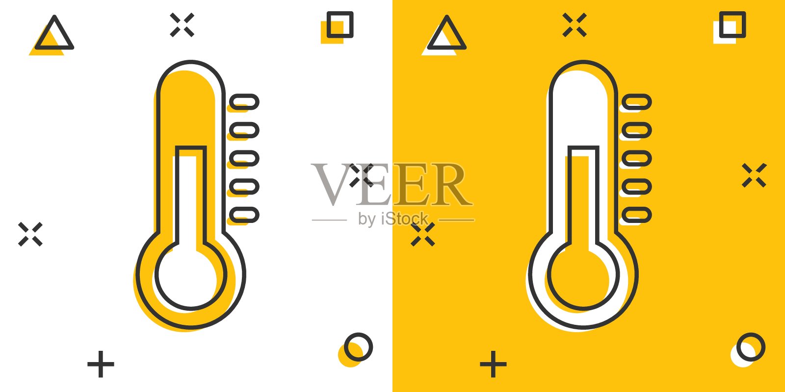 矢量温度计图标漫画风格。目标标志插图象形图。温度计业务飞溅效应的概念。图标素材