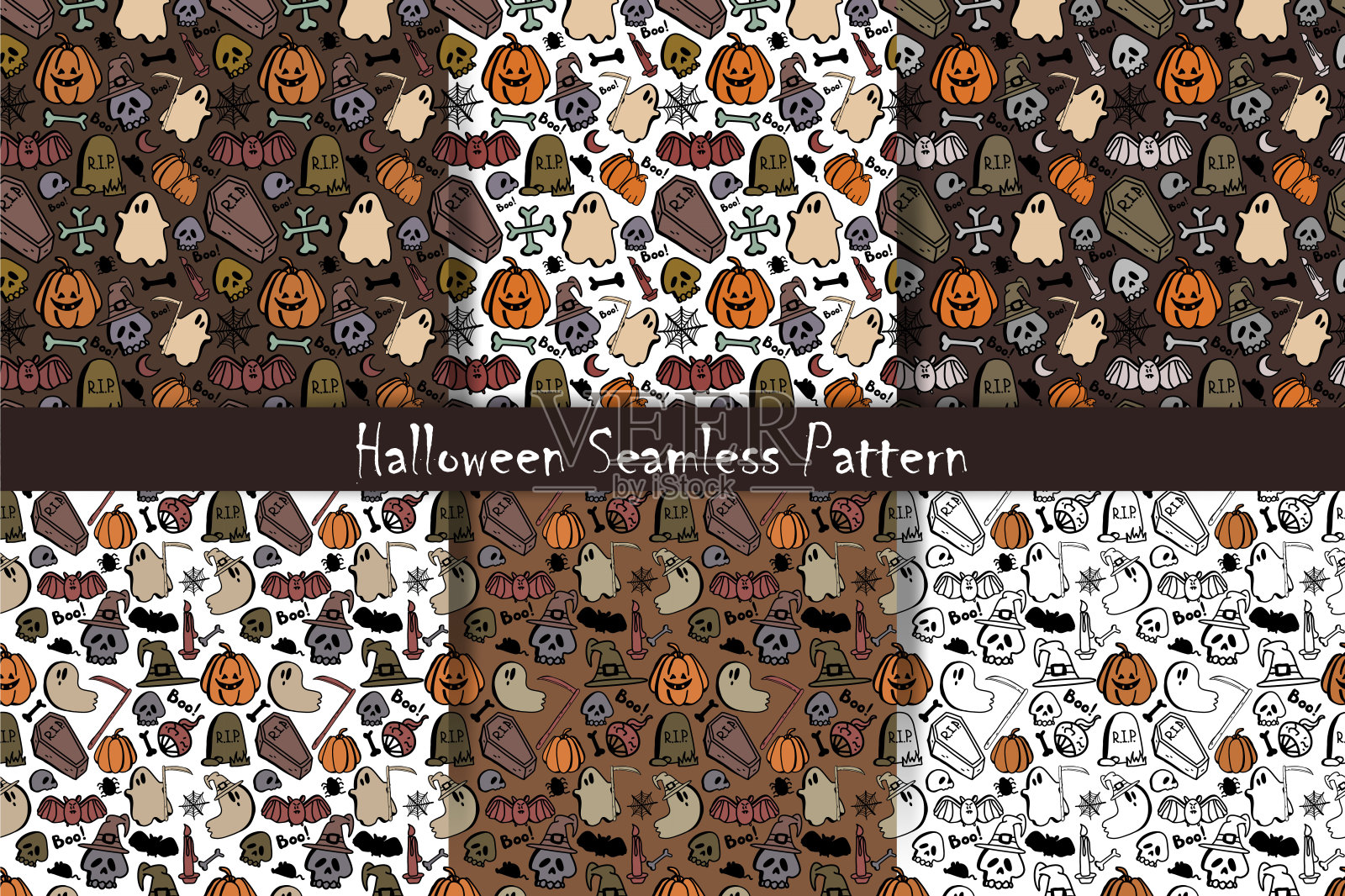 设置万圣节剪贴画的矢量无缝模式。关于万圣节的手绘涂鸦图案。有趣，可爱的背景设计，纺织品，装饰儿童游戏室或贺卡。插画图片素材