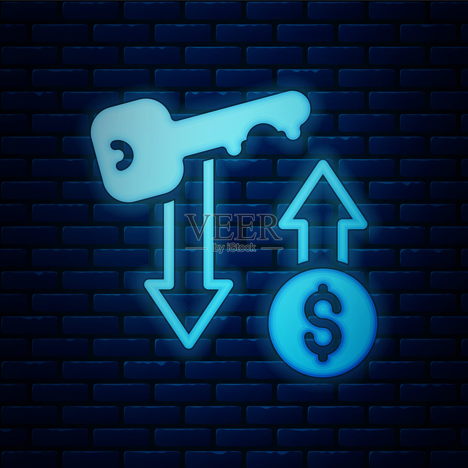 发光的霓虹灯租赁钥匙图标孤立在砖墙背景。房子turnkey的概念。向量插画图片素材