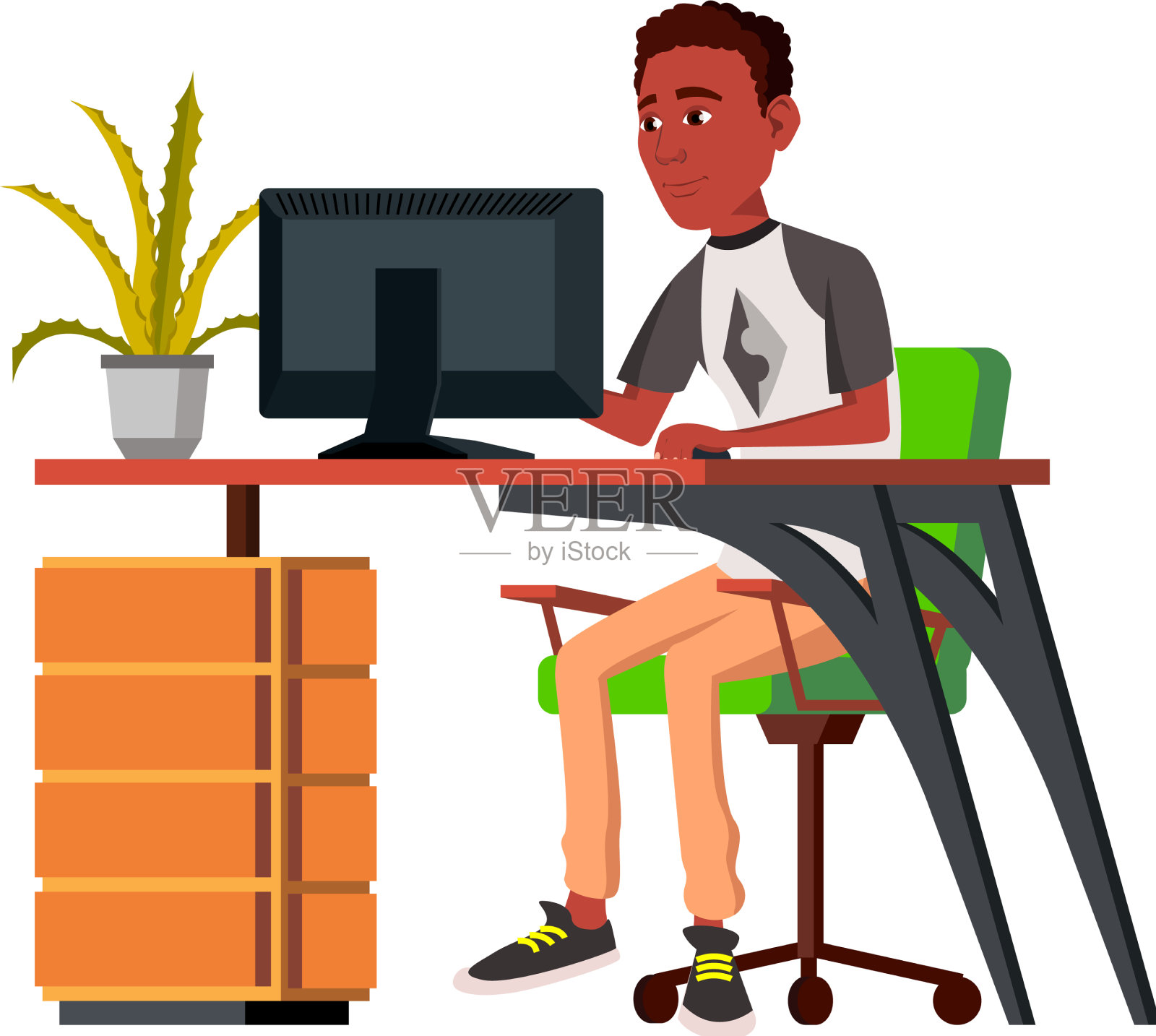 一个非洲人在桌子上用电脑工作卡通设计元素图片