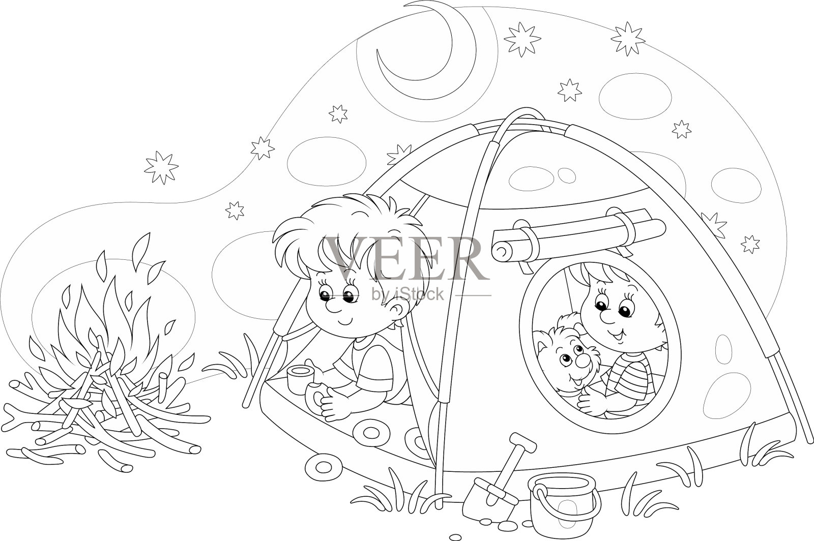 夏令营里小男孩和小狗在一起设计元素图片