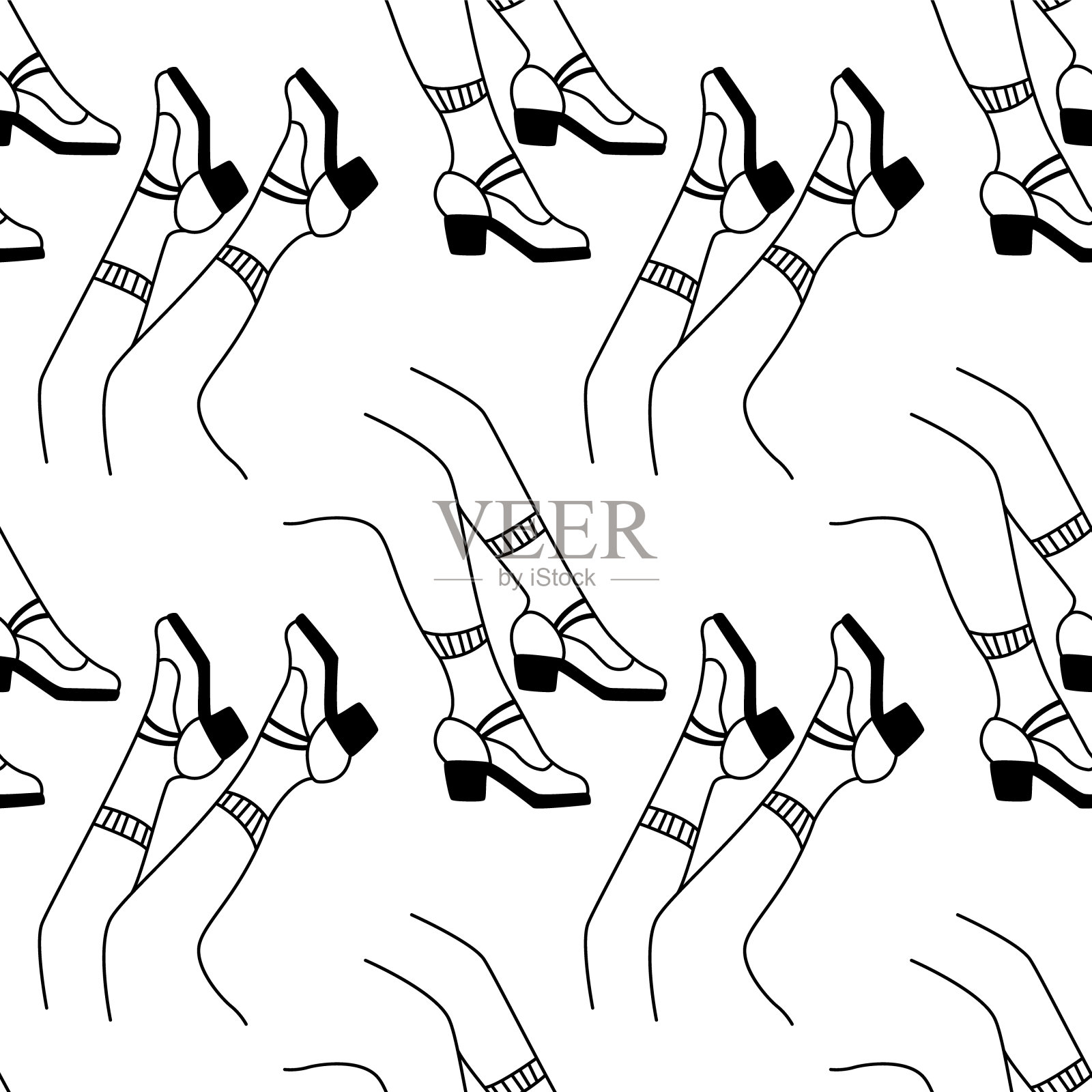 疯狂的黑白无缝模式与喜剧女性腿在鞋子。用于t恤、运动鞋、背包和其他纺织品的非凡印花。原背景墙纸，床上用品，包装。插画图片素材