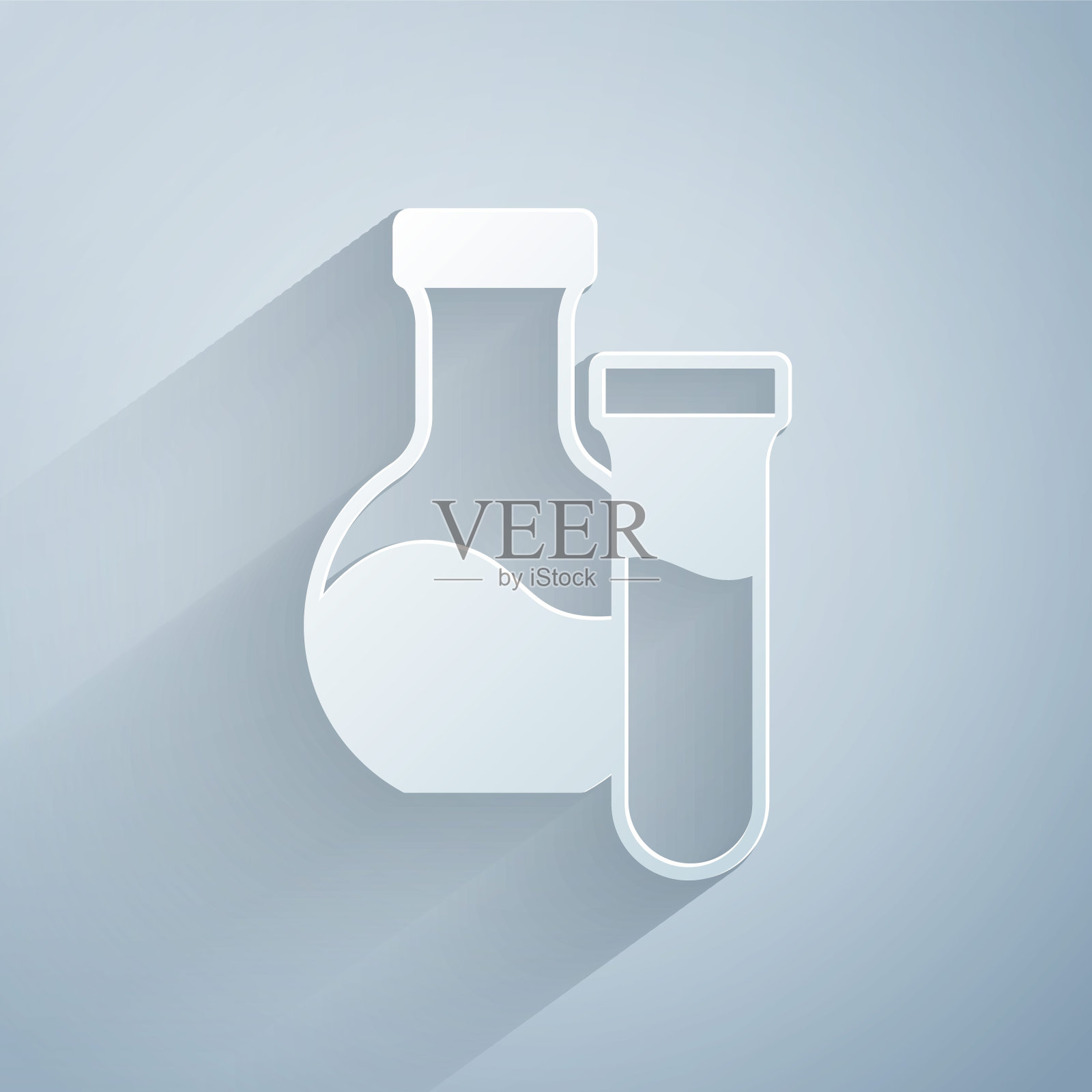 纸割试管和化学实验室测试图标隔离在灰色背景。实验室玻璃器皿。纸艺术风格。向量插画图片素材