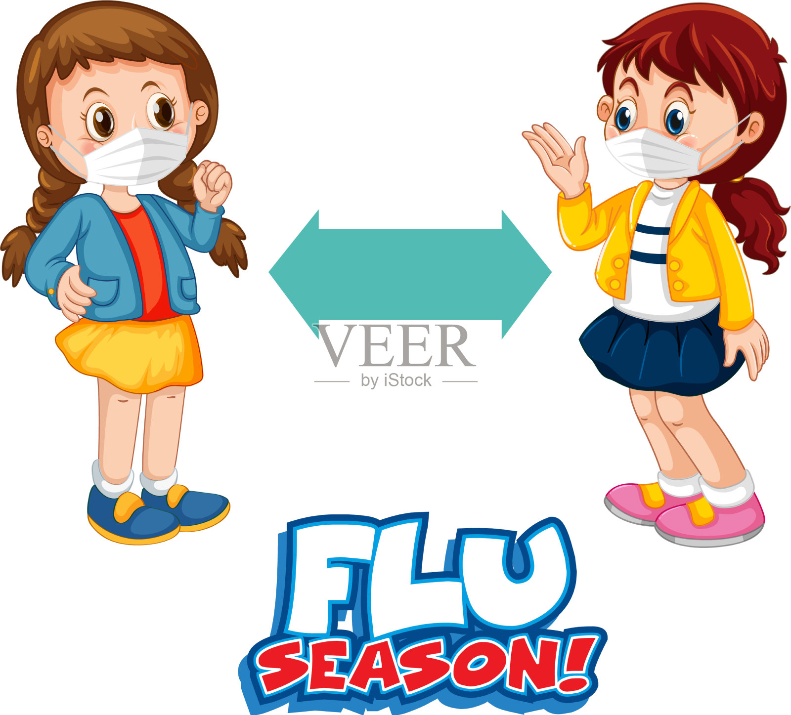 卡通风格的流感季节字体和两个孩子插画图片素材
