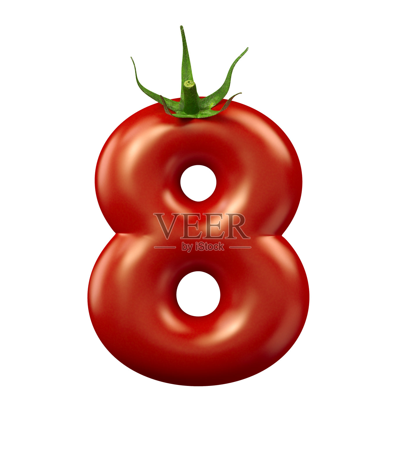 三维渲染的红色番茄数孤立的白色背景。食物符号的字母。照片摄影图片