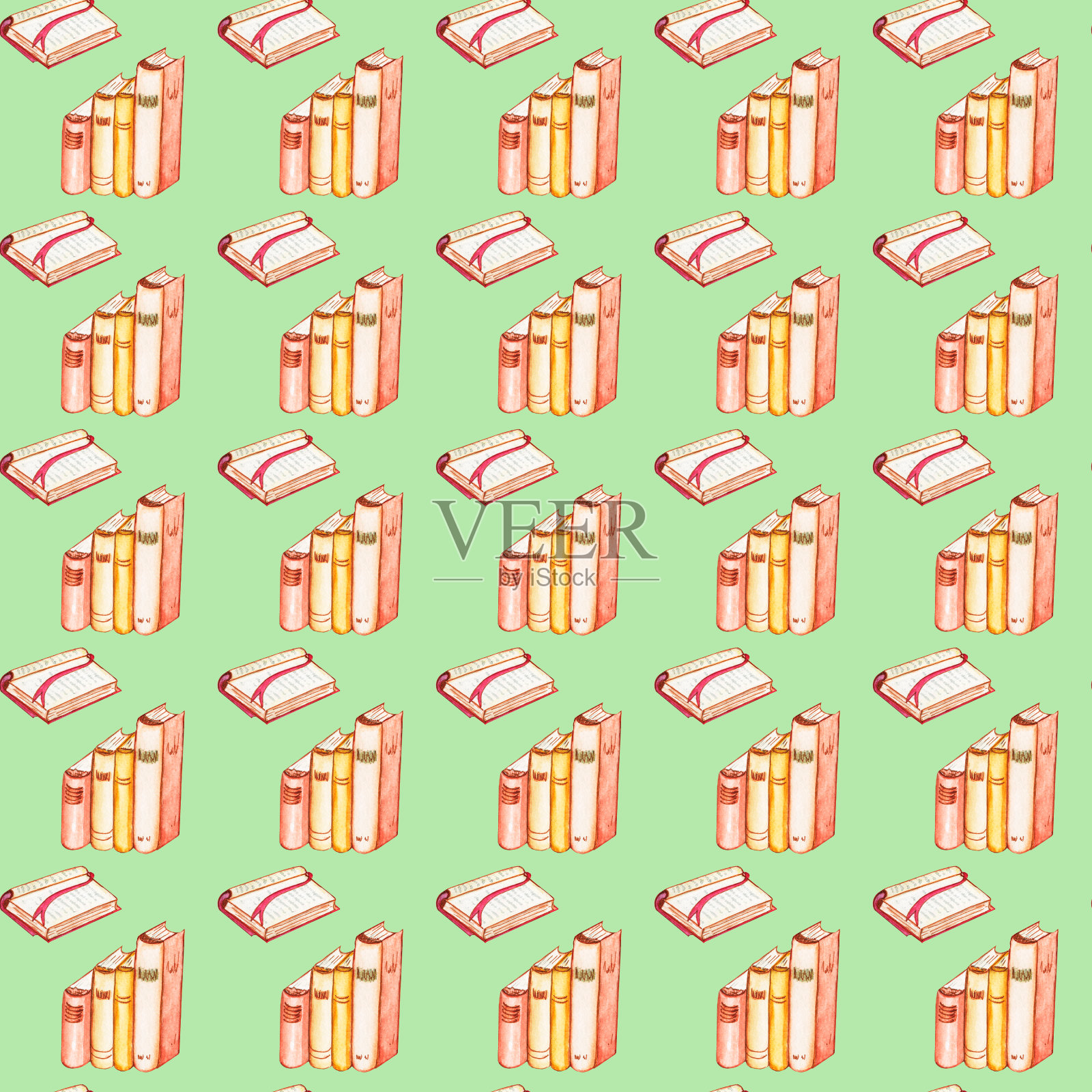 无缝水彩图案。学校的书。回到学校。纸上画着书。一堆复古书。开卷无缝模式。插画图片素材