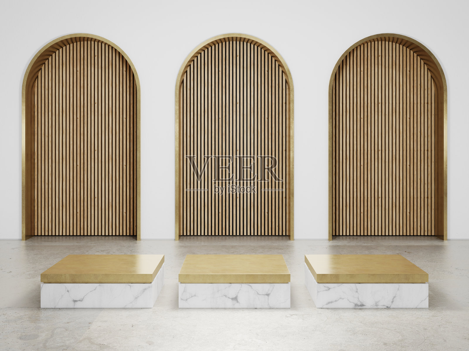 立方体白色大理石平台与金属金色顶部的石灰华地板和木制特色墙背景在豪华工作室场景。照片摄影图片