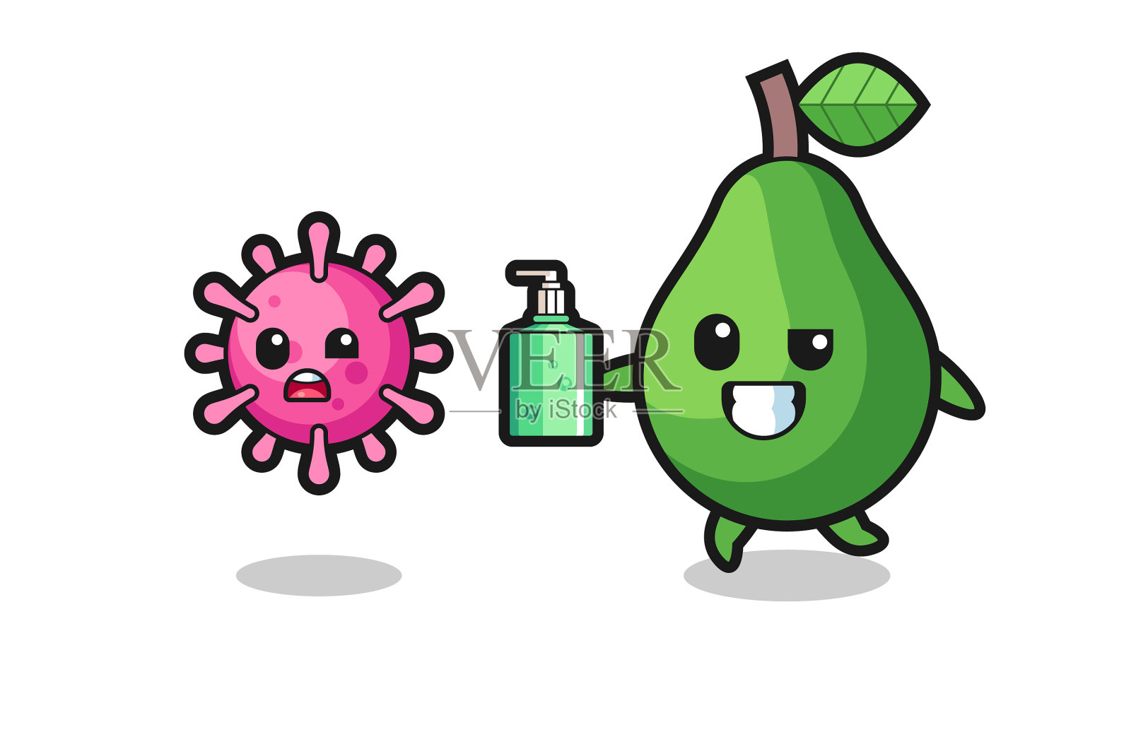 牛油果角色用手追逐邪恶病毒插画图片素材