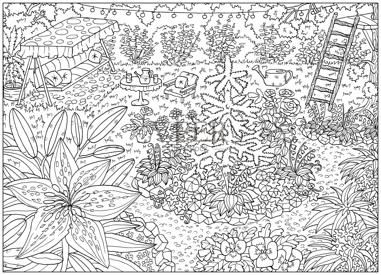 黑色和白色的彩色页花和古董花园对象，盛开的百合，针叶树和秋千。插画图片素材