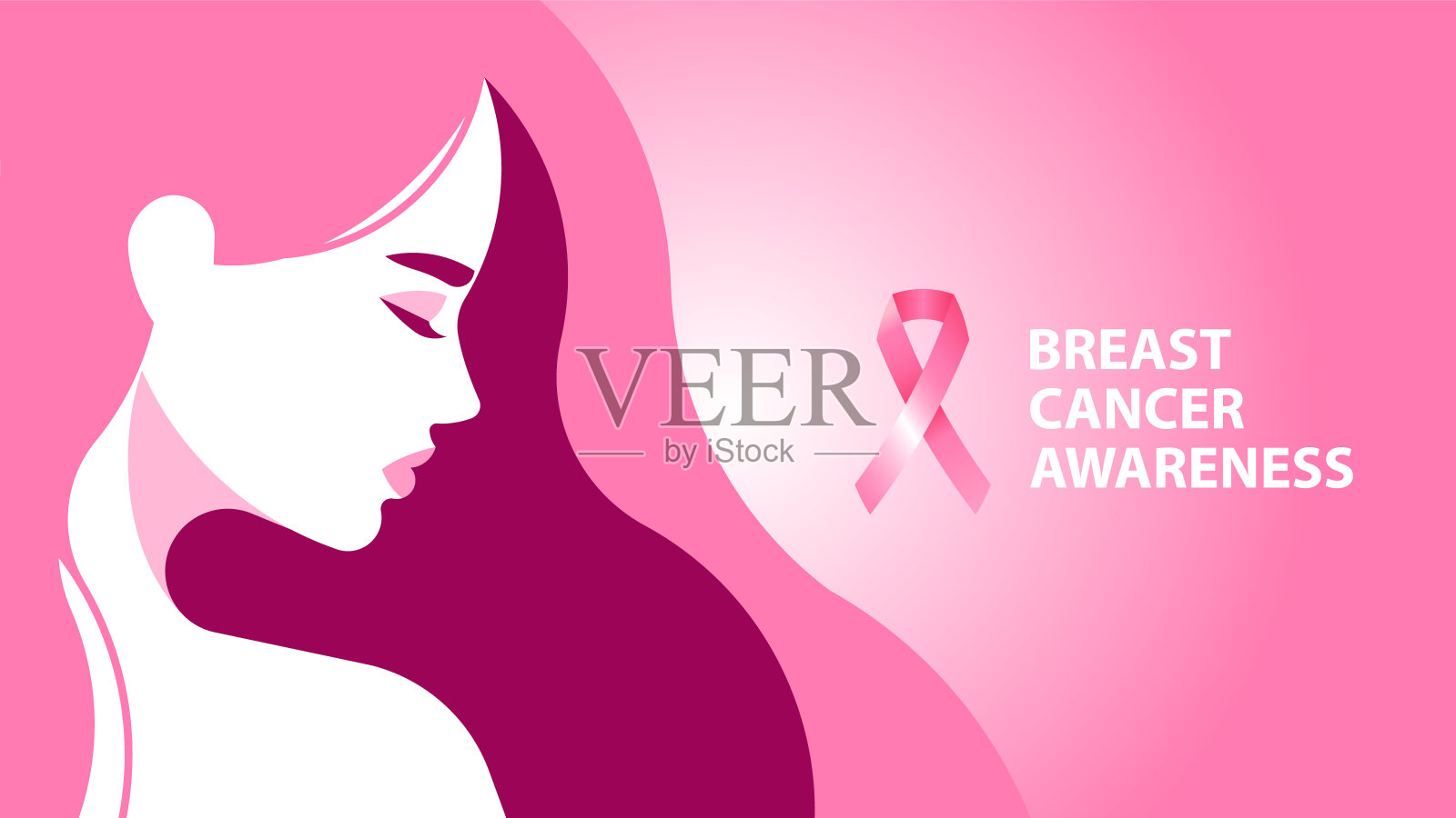 悲伤的长发女人。粉红丝带。乳腺癌意识。插画图片素材