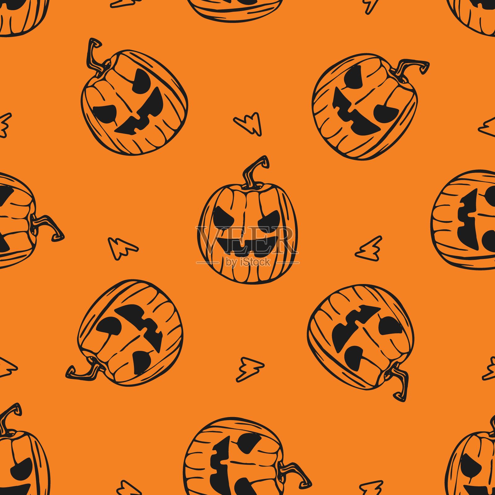 橙色南瓜模式。万圣节无缝图案邪恶南瓜。矢量插图。插画图片素材