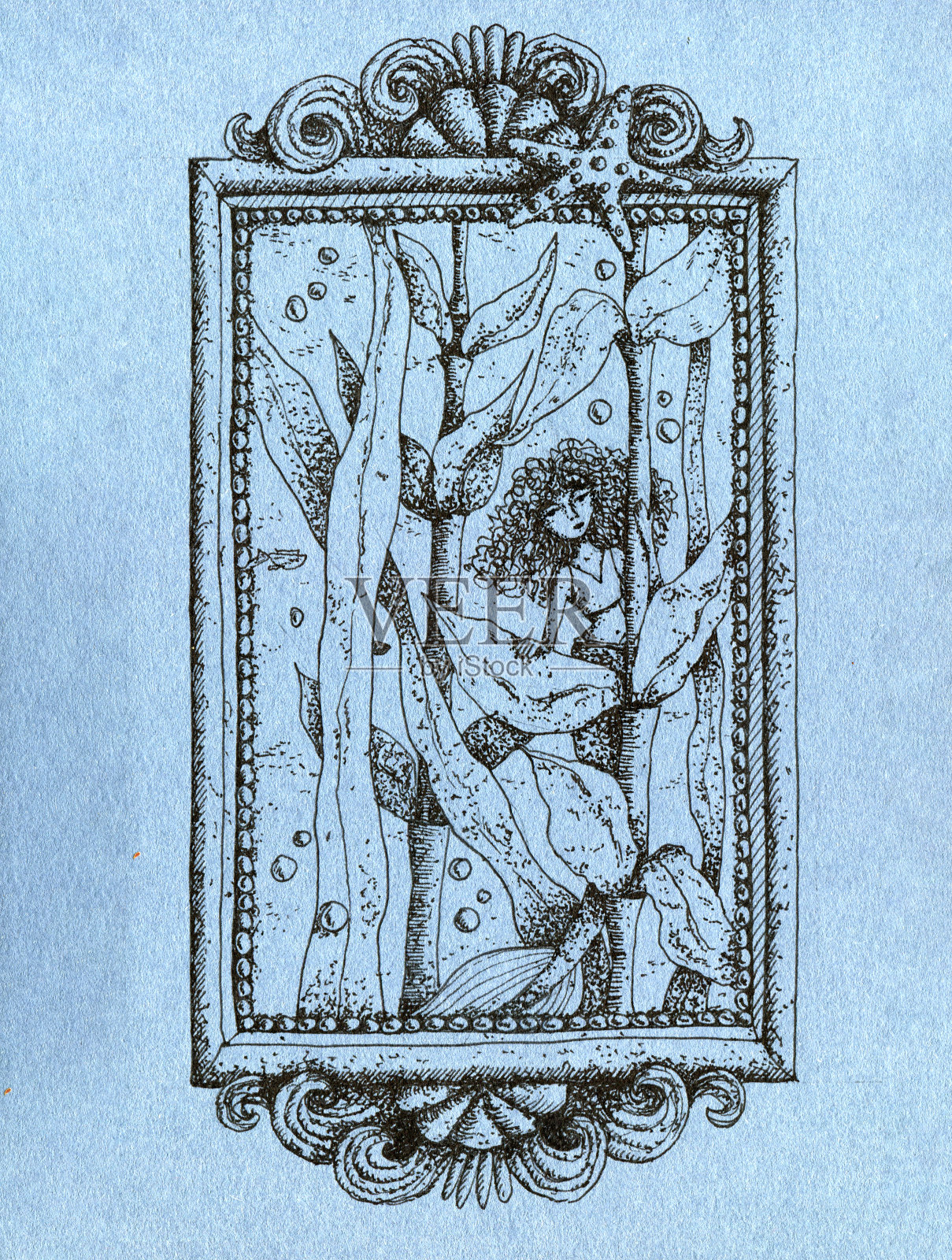 水下场景美人鱼，鱼，海星和海藻与框架。插画图片素材