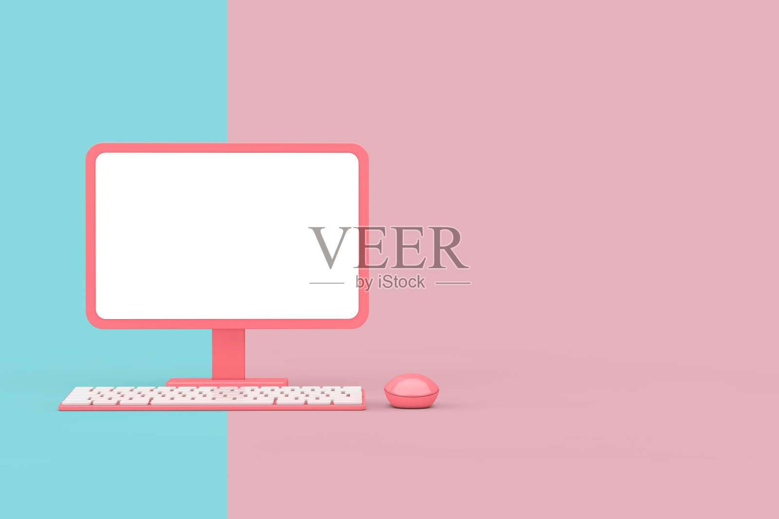 抽象卡通粉红桌面电脑与鼠标，键盘和空白屏幕为您的设计在Duotone风格。3d渲染照片摄影图片