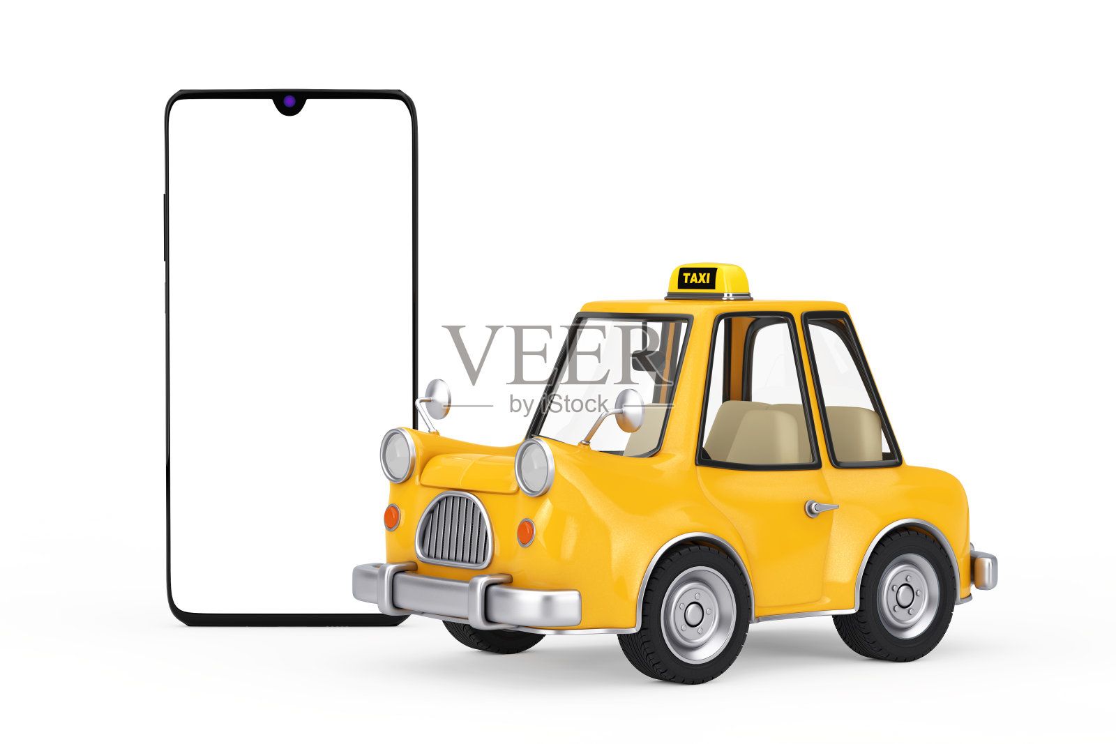 为您的设计，黄色卡通出租车附近的黑屏现代手机。3d渲染照片摄影图片