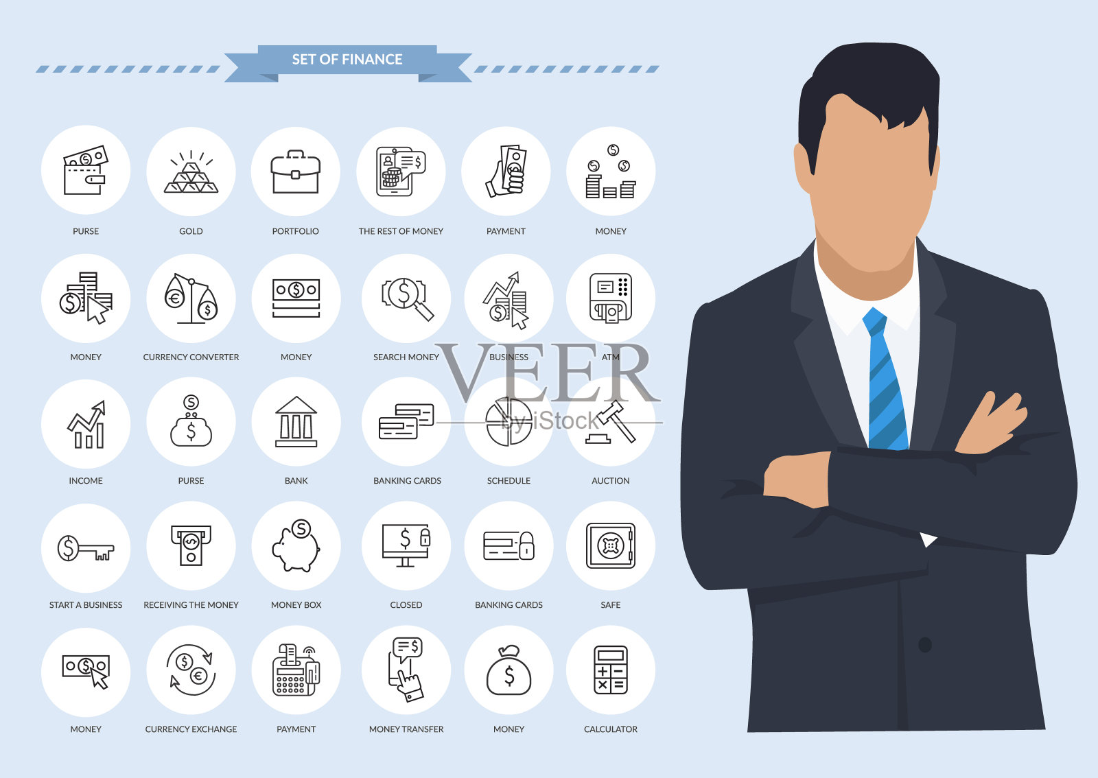 办公室细线图标。商人与一套办公室联系，连接和支付图标图标素材