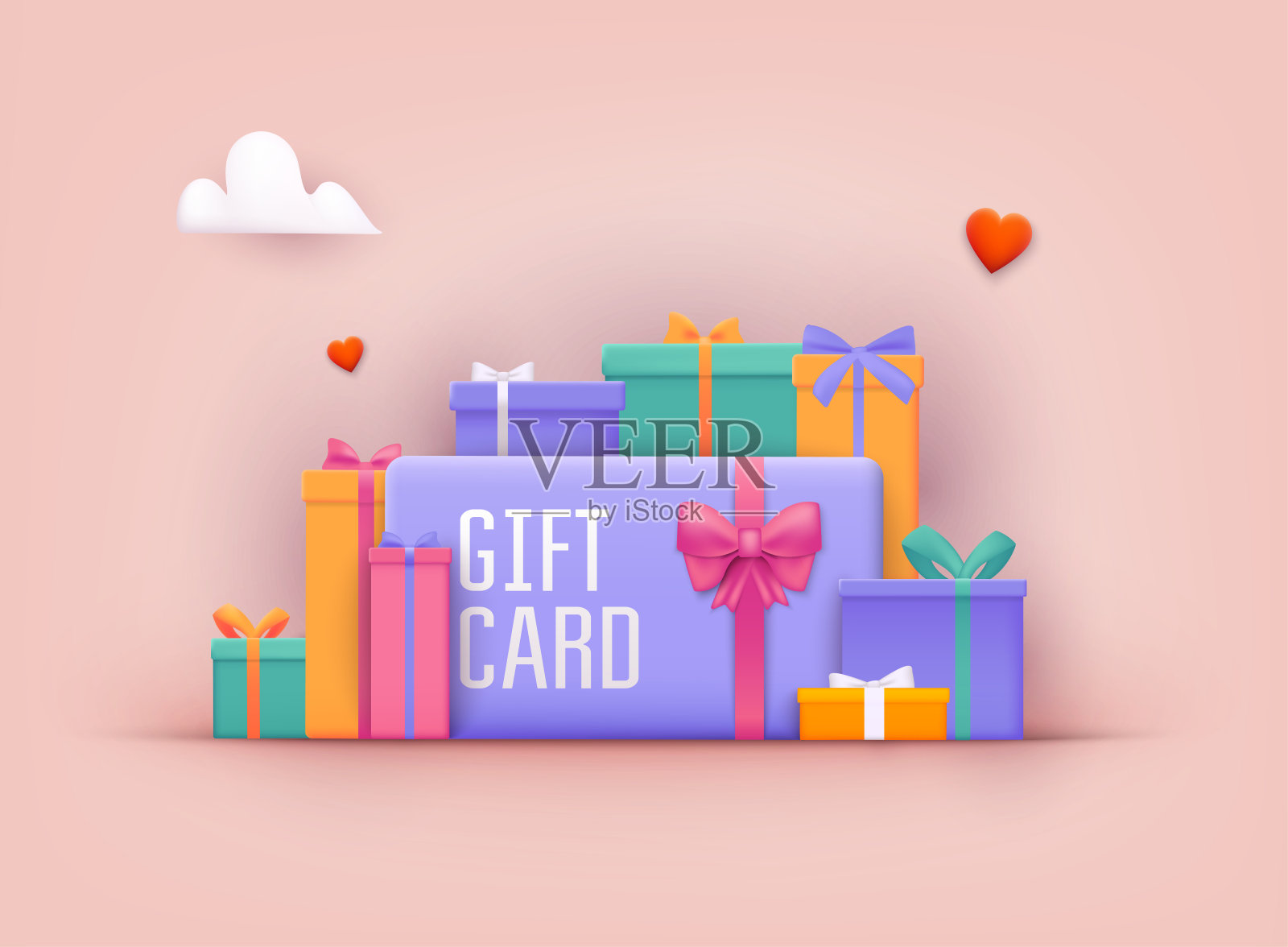 礼品卡及促销策略、礼券、折扣券及礼券概念。3D网络矢量插图。插画图片素材