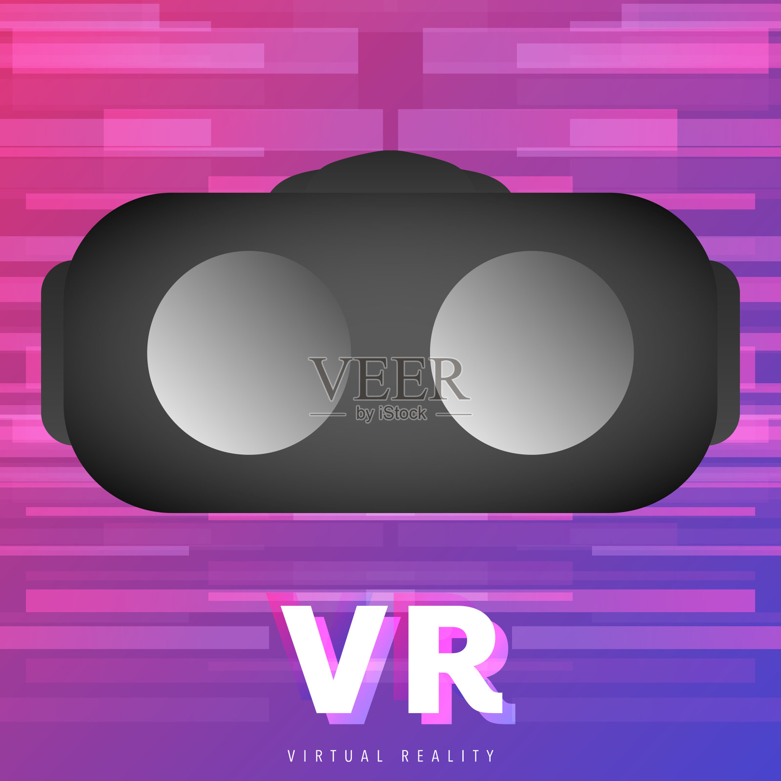 虚拟现实耳机平面设计与霓虹灯线，数字效果技术，插图矢量EPS 10插画图片素材