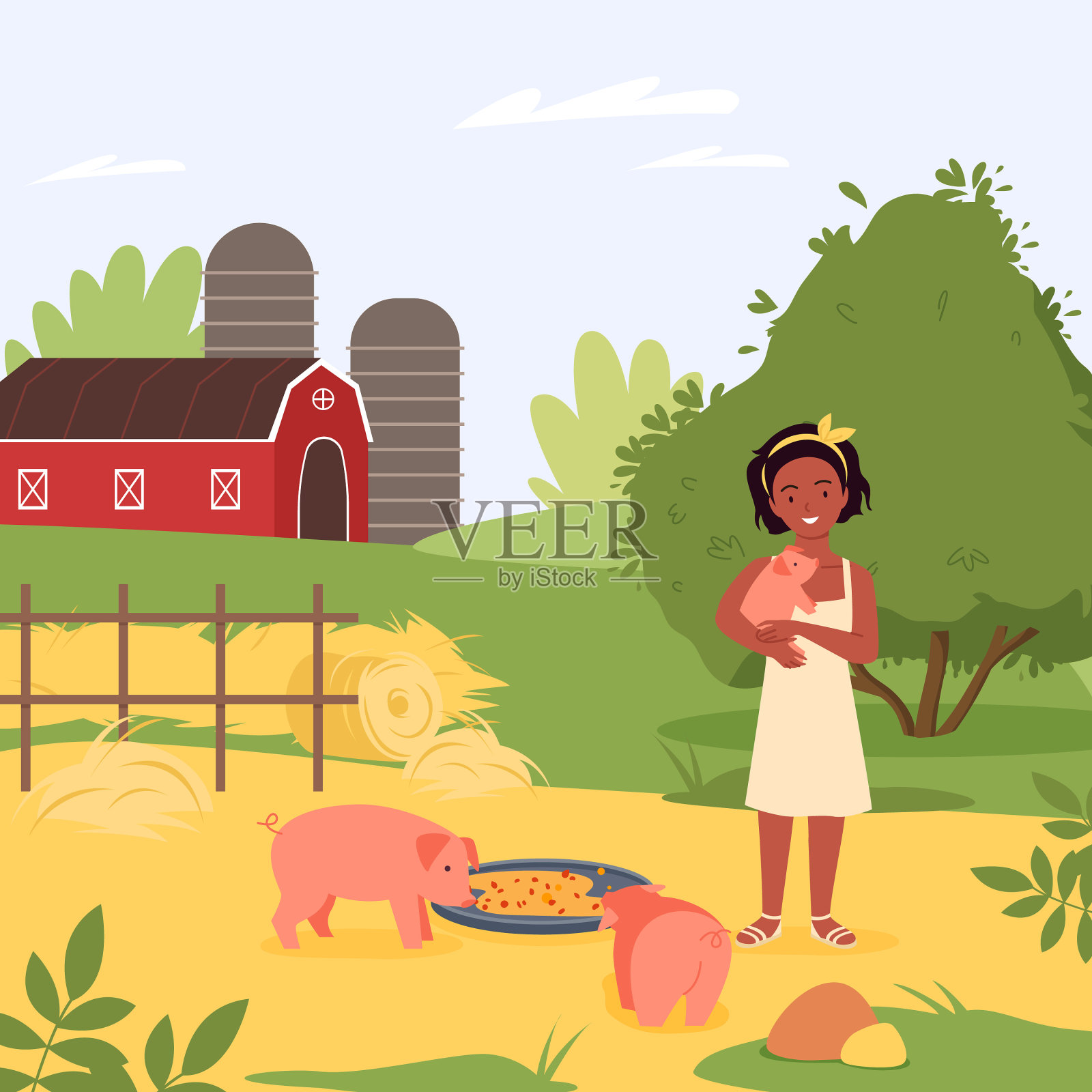 快乐的孩子和家猪农场的动物女孩插画图片素材