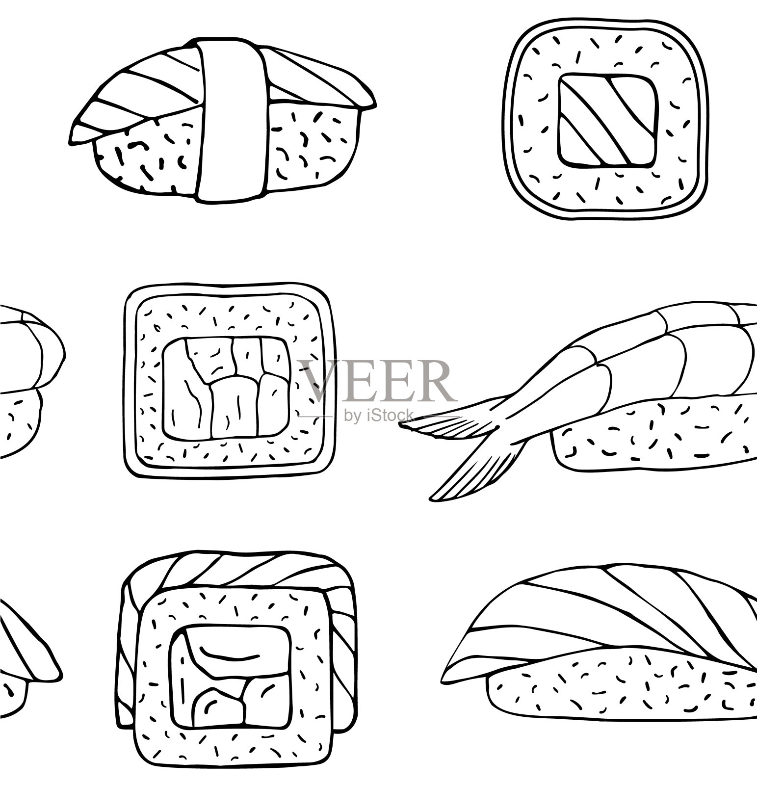 手绘涂鸦速写寿司卷的矢量无缝模式插画图片素材