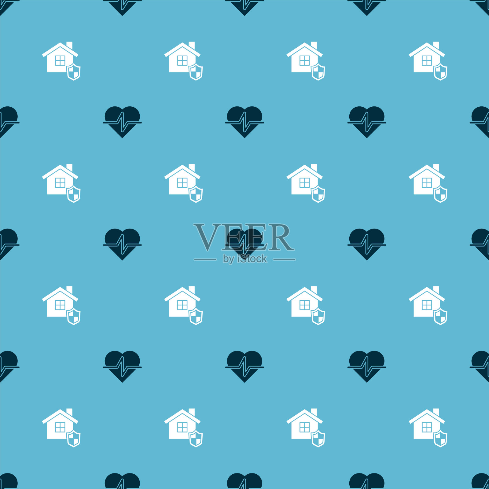 设置人寿保险和房屋与盾牌图标素材