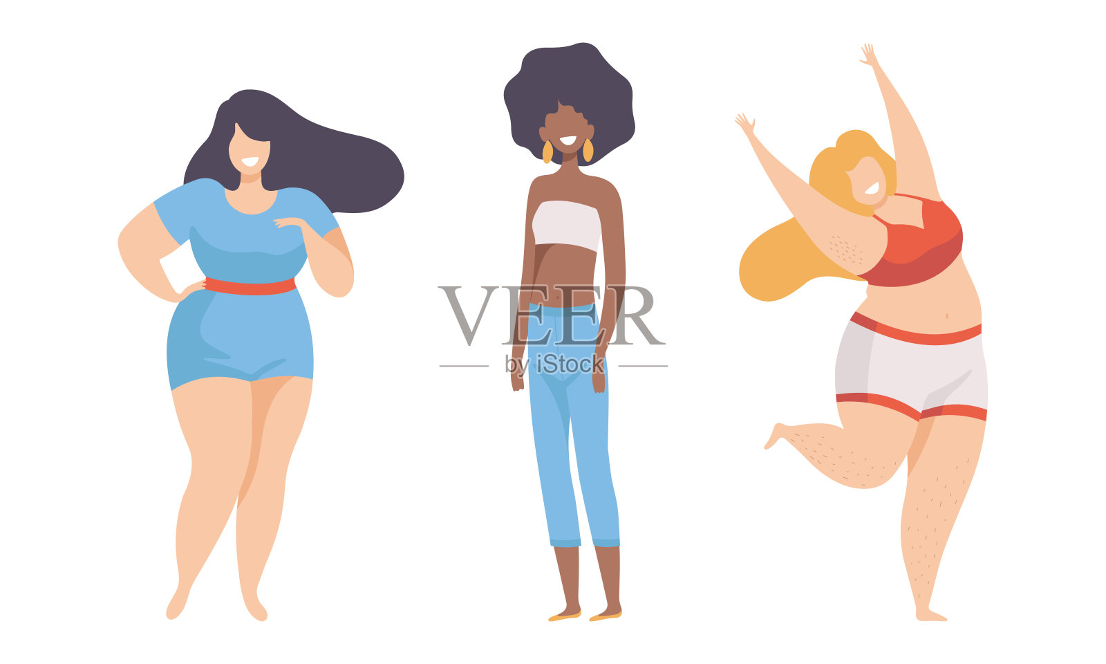 不同体型和身高的女性作为身体积极和自我接受向量集设计元素图片