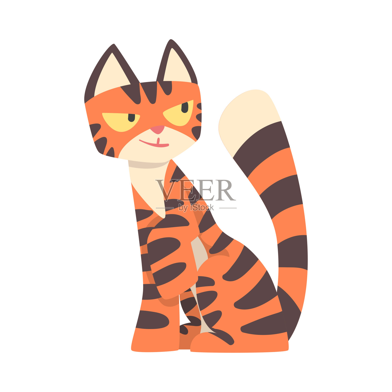 老虎角色与橙色毛皮和黑色条纹坐矢量插图插画图片素材