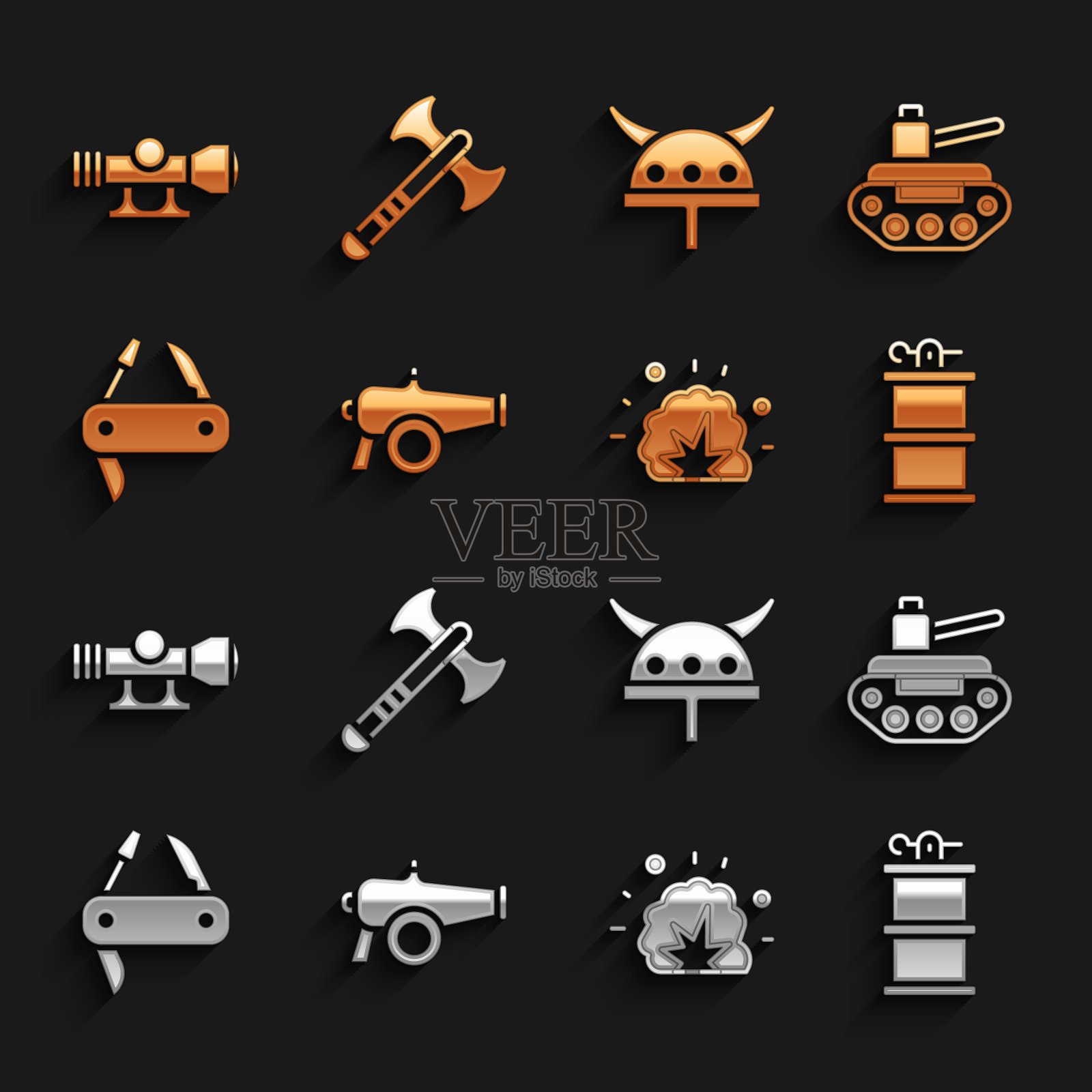 Set Cannon, Military tank, Hand smoke grenade, Bomb explosion, Swiss army knife, Viking in horned helmet, Sniper optical sight and War axe icon。向量图标素材