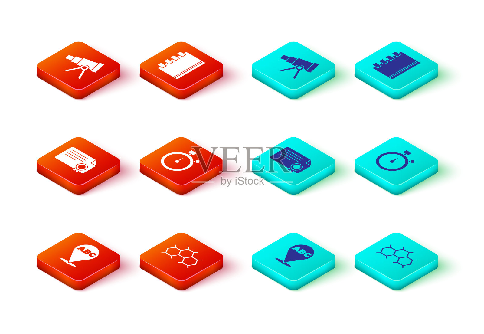 设置字母，化学配方，证书模板，秒表，螺旋笔记本和望远镜图标。向量图标素材