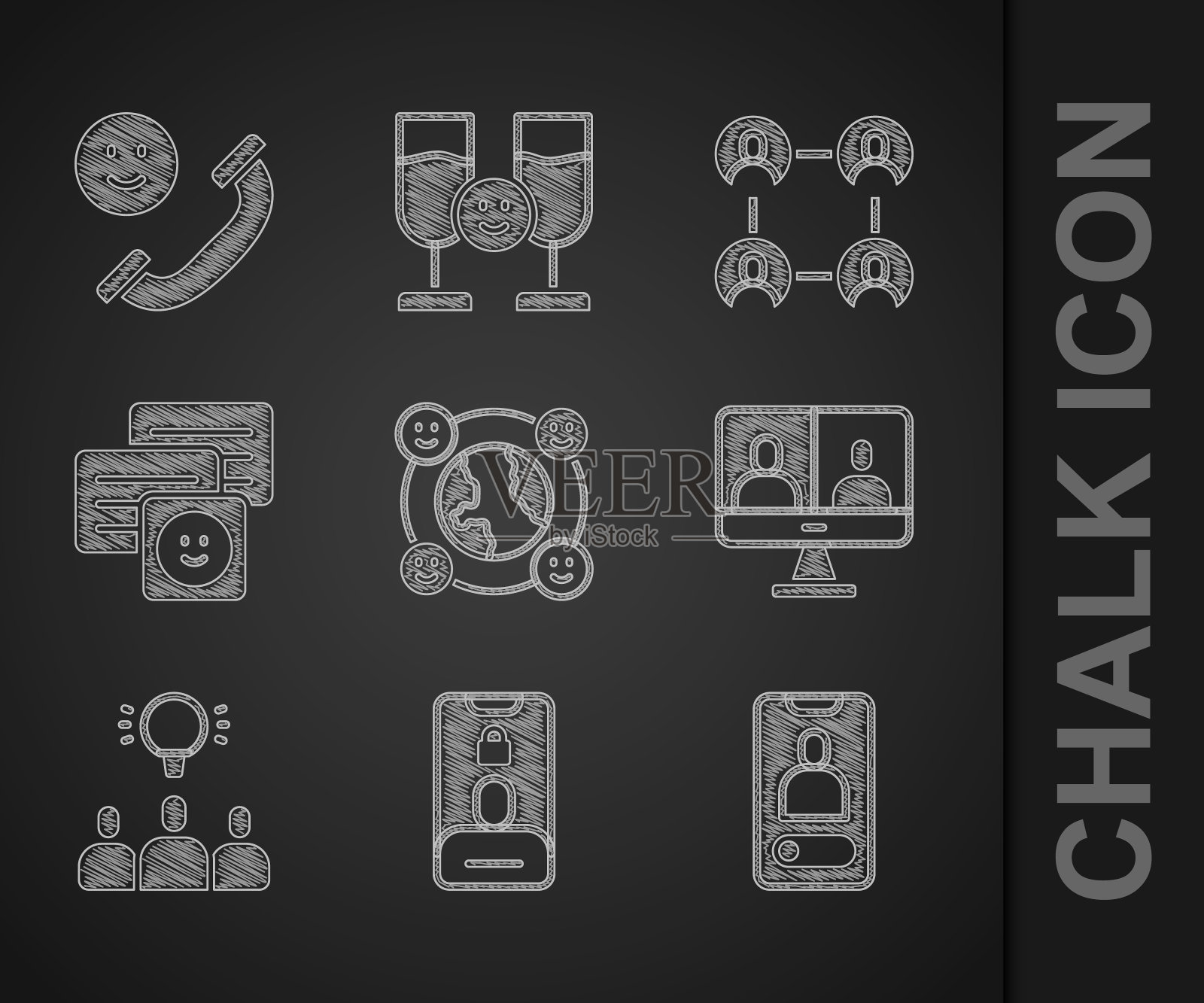 设置国际社区，来电手机，视频聊天会议，项目团队基地，聊天信息笔记本电脑，永远的好朋友或最好的朋友和图标。向量图标素材