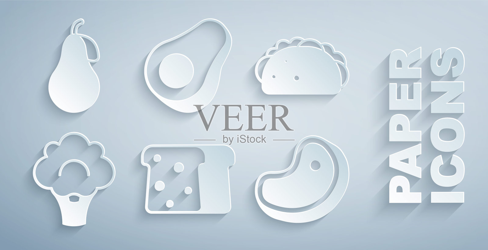 设置面包吐司，玉米饼，西兰花，牛排肉，鳄梨水果和梨图标。向量插画图片素材