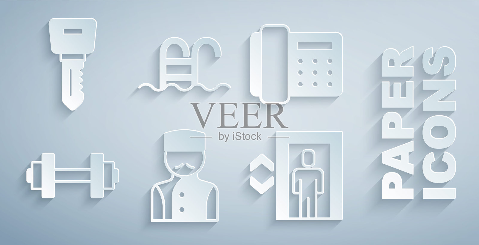 设置礼宾，电话听筒，哑铃，电梯，游泳池和酒店门锁钥匙图标。向量图标素材