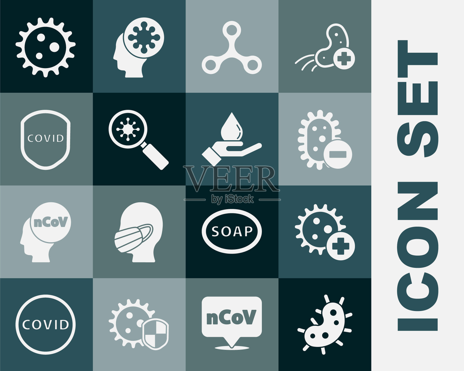 设置“病毒”、“阳性病毒”、“阴性病毒”、“放大镜下防护”和“用肥皂洗手”图标。向量图标素材