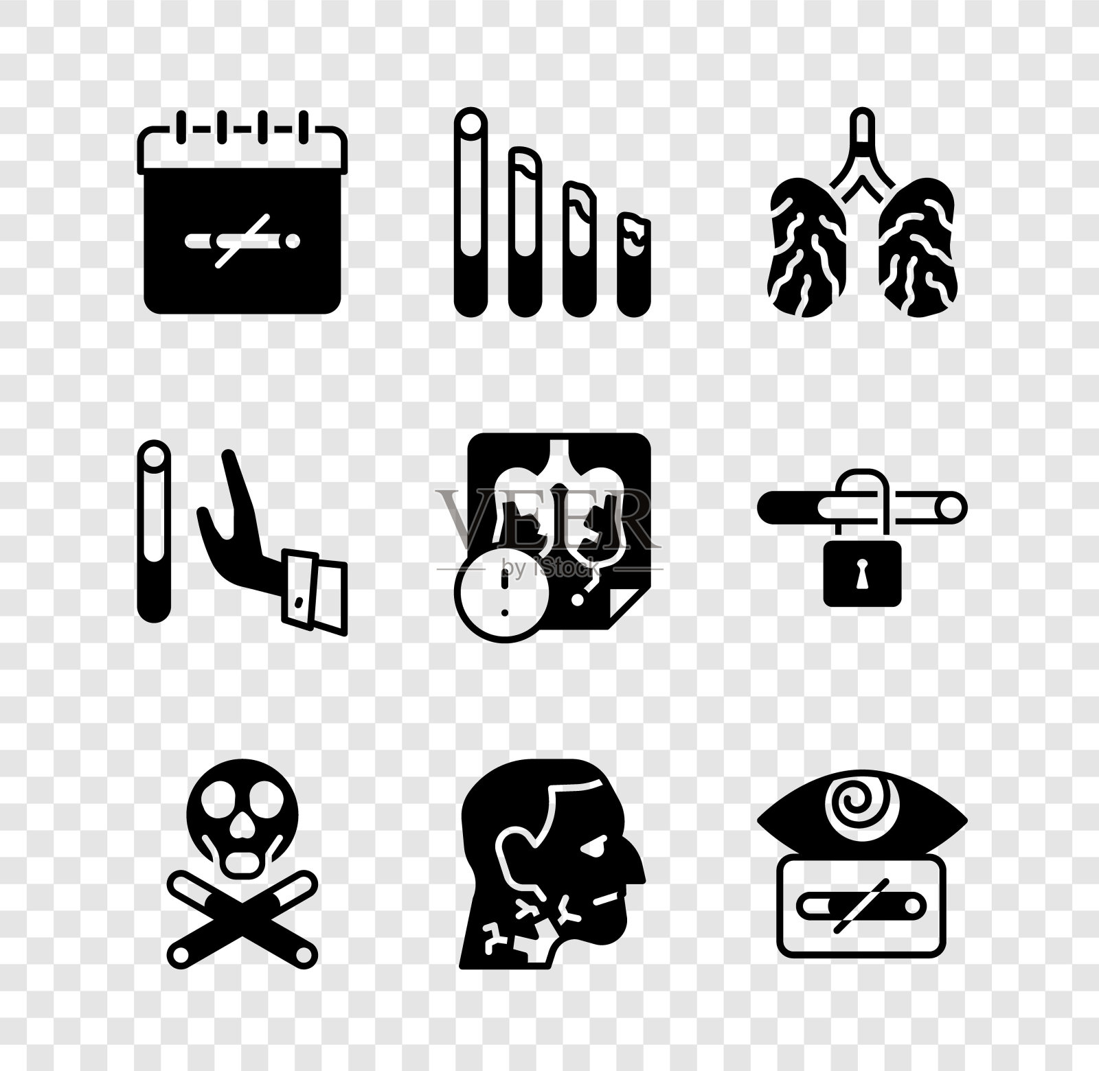 设置禁烟日，吸烟，疾病肺，骨头和头骨，喉癌，催眠，放弃和图标。向量图标素材