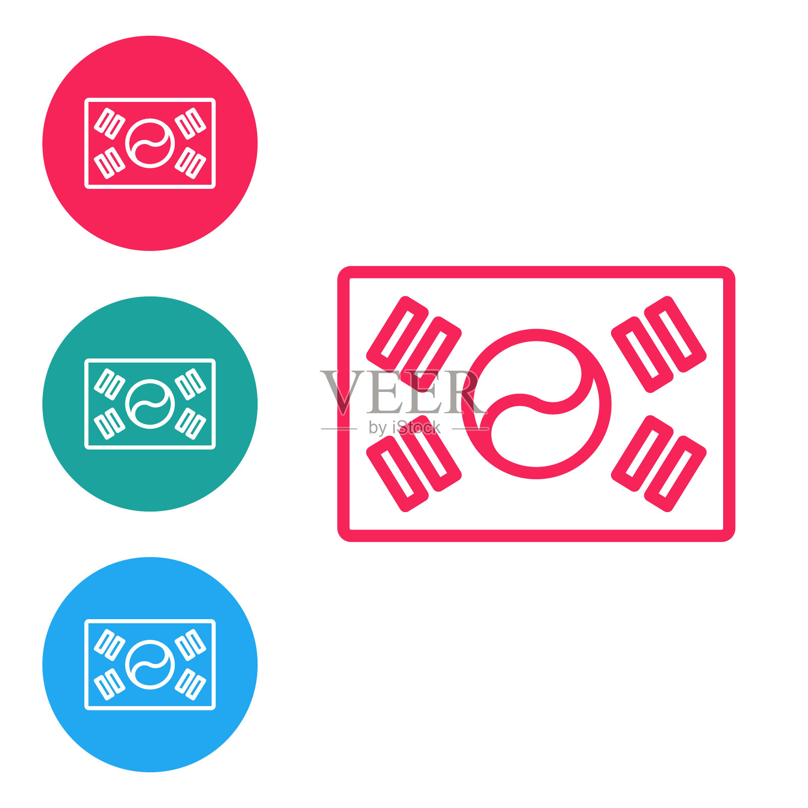 红线上的韩国国旗图标孤立在白色背景上。在圆形按钮中设置图标。向量图标素材