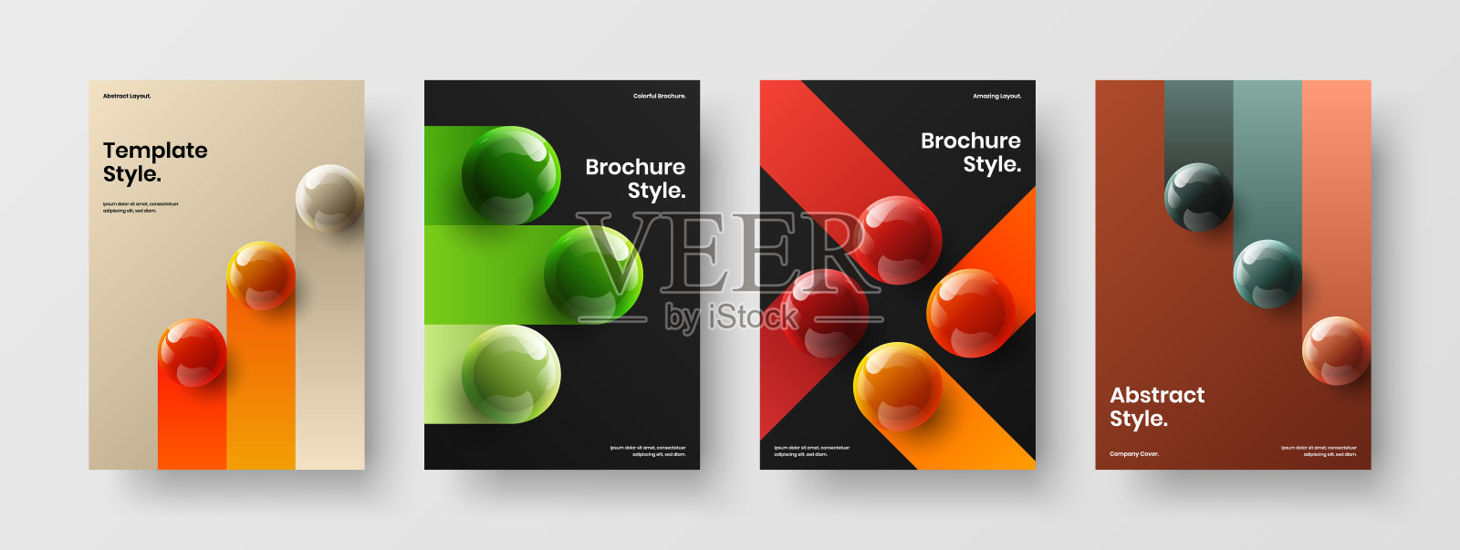 新鲜的3D球杂志封面插图组成。干净的小册子A4矢量设计概念集合。设计模板素材