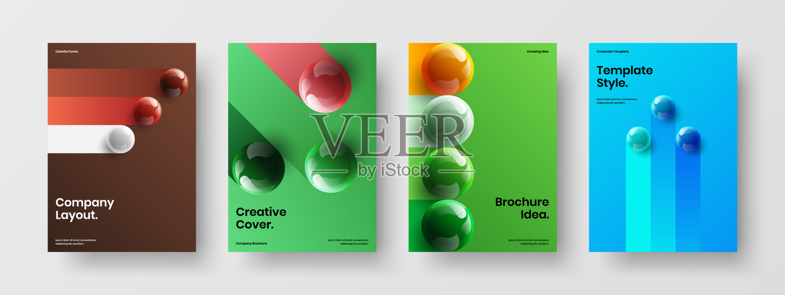独特的3D球首页布局收集。现代公司涵盖A4设计矢量概念包。设计模板素材