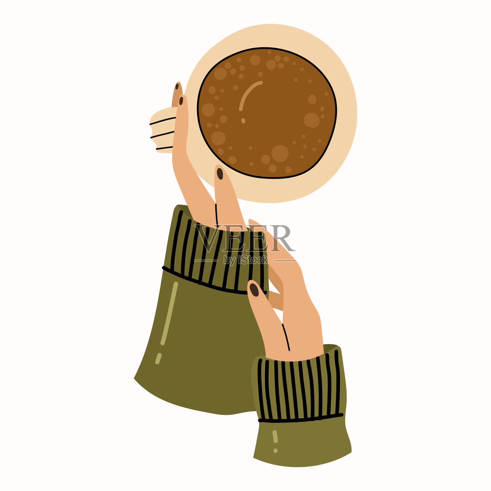 女性手拿咖啡杯。舒适的矢量手绘插图的白色背景。所有元素都是孤立的。设计元素图片