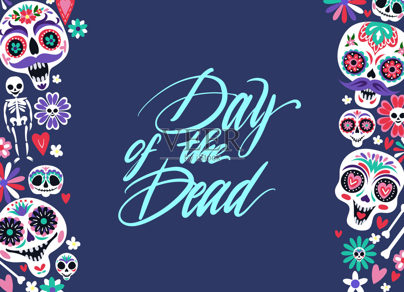 墨西哥秋季传统节日亡灵节的糖果骷髅贺卡设计模板素材